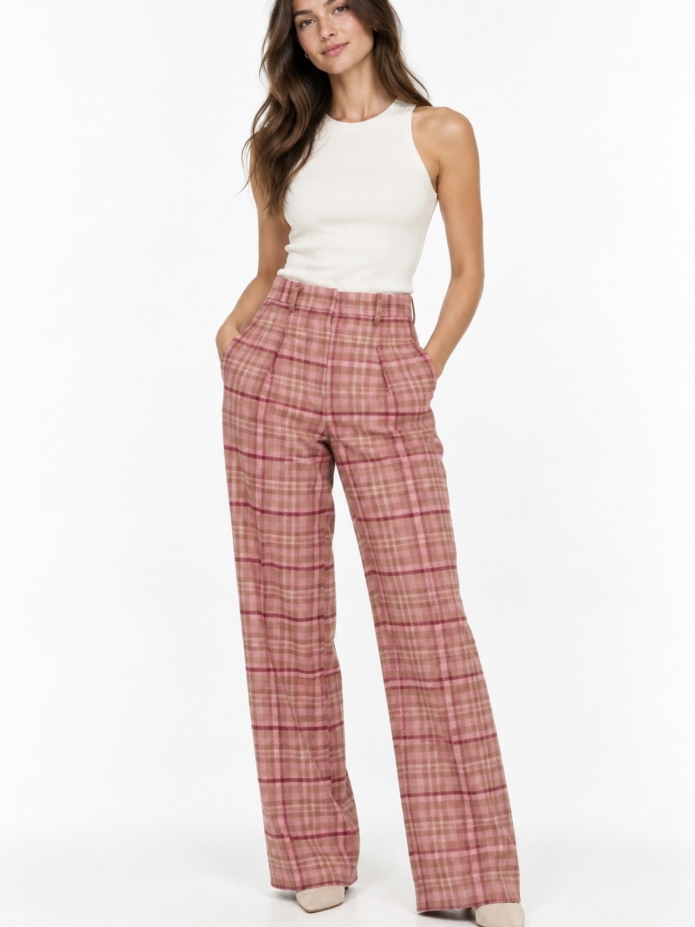 Aritzia Wilfred Pink Plaid High-Waisted Wide-Leg Pants – Size 2